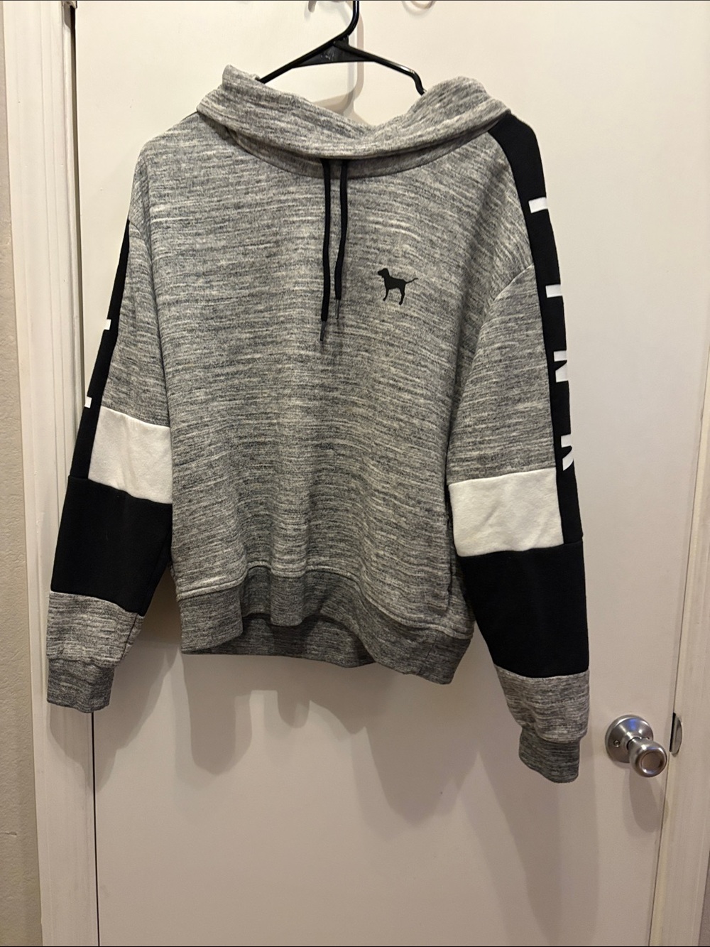 PINK Victoria's Secret Gray Crewneck Sweater with Black & White Sleeve Panels